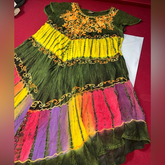 Green FESTIVAL GYPSY Flowy rayon DRESS NF Free Size COLORFUL Embroidered Tribal - Picture 6 of 16